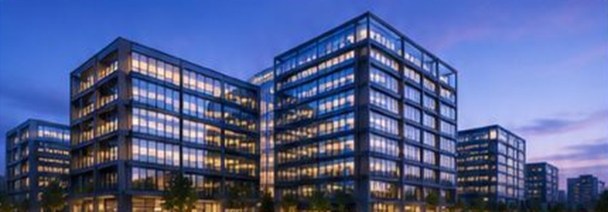 Modern commercial development at dusk