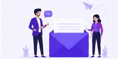 Two people sharing feedback beside a big envelope