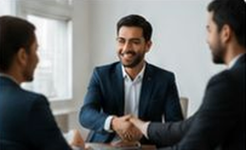 Two brokers in suits shaking hands in a meeting