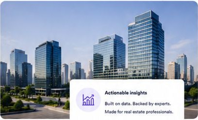 City towers with actionable insights card