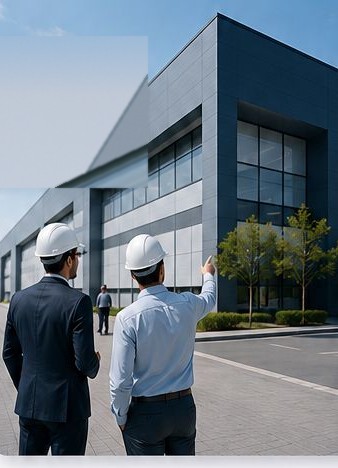Two professionals in helmets reviewing an industrial building during a site visit